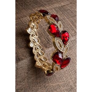 Ruby Red Crystal Stretch Bracelet Gold Statement Bangle Marquise Gemstone